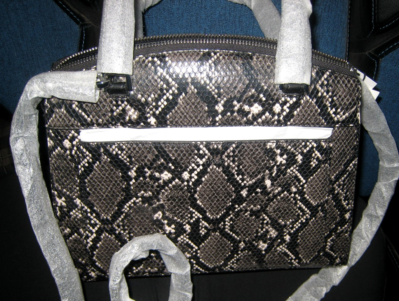 Calvin Klein Satchel Crossbody Lock Python Snake Embossed Grey Black w/Bag NEW