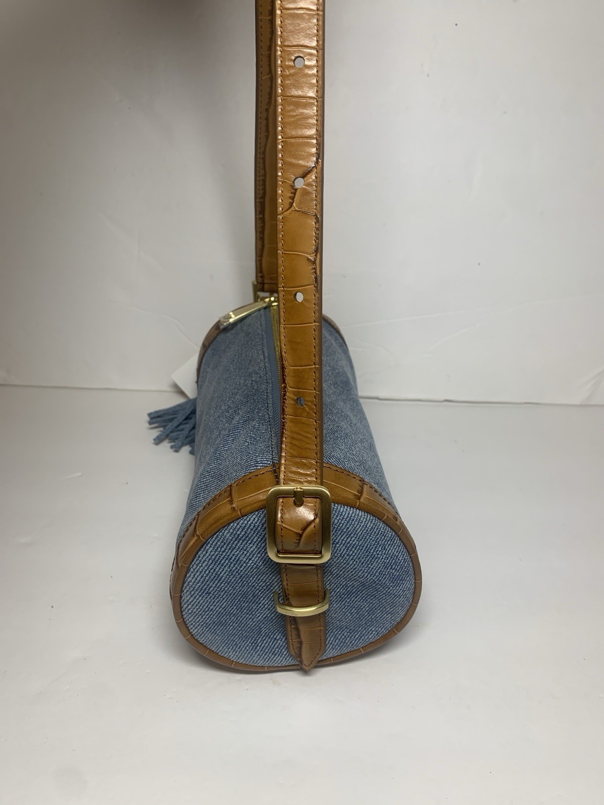 BRAHMIN Billie Barrel Shoulder Bag Denim Leather Brushed Gold Harrware NWT