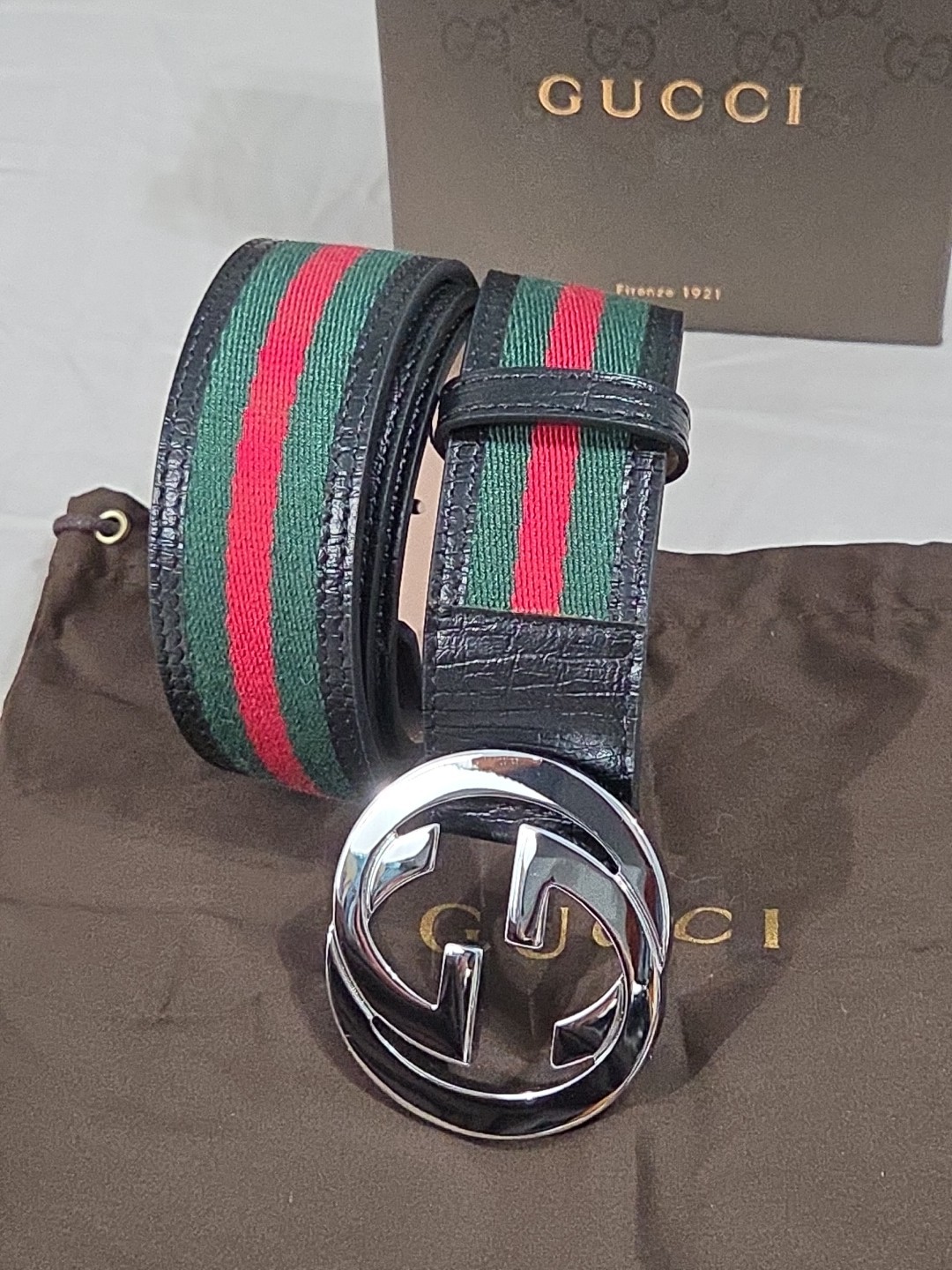 Gucci Black Green Red Striped Belt Size 38-40 IT 110CM Silver Buckle
