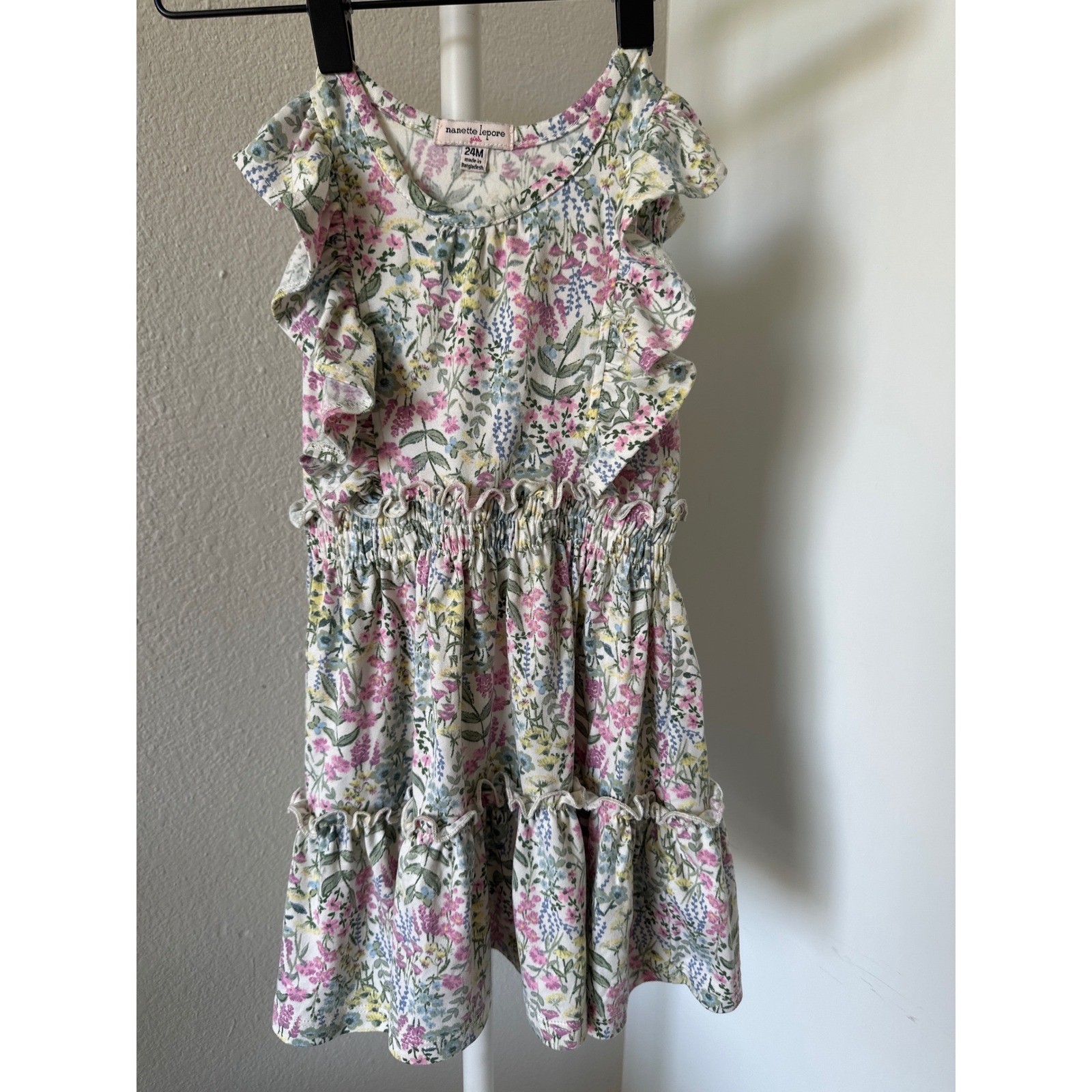 Nanette Lepore Floral Ruffle Dress Smock Waist Flutter Sleeves Pink Sage Green