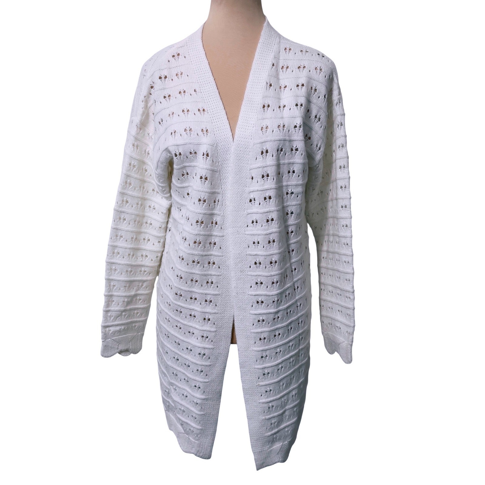 Womens White Pointelle Knit Open Front Longline Cardigan Medium Preppy Coastal