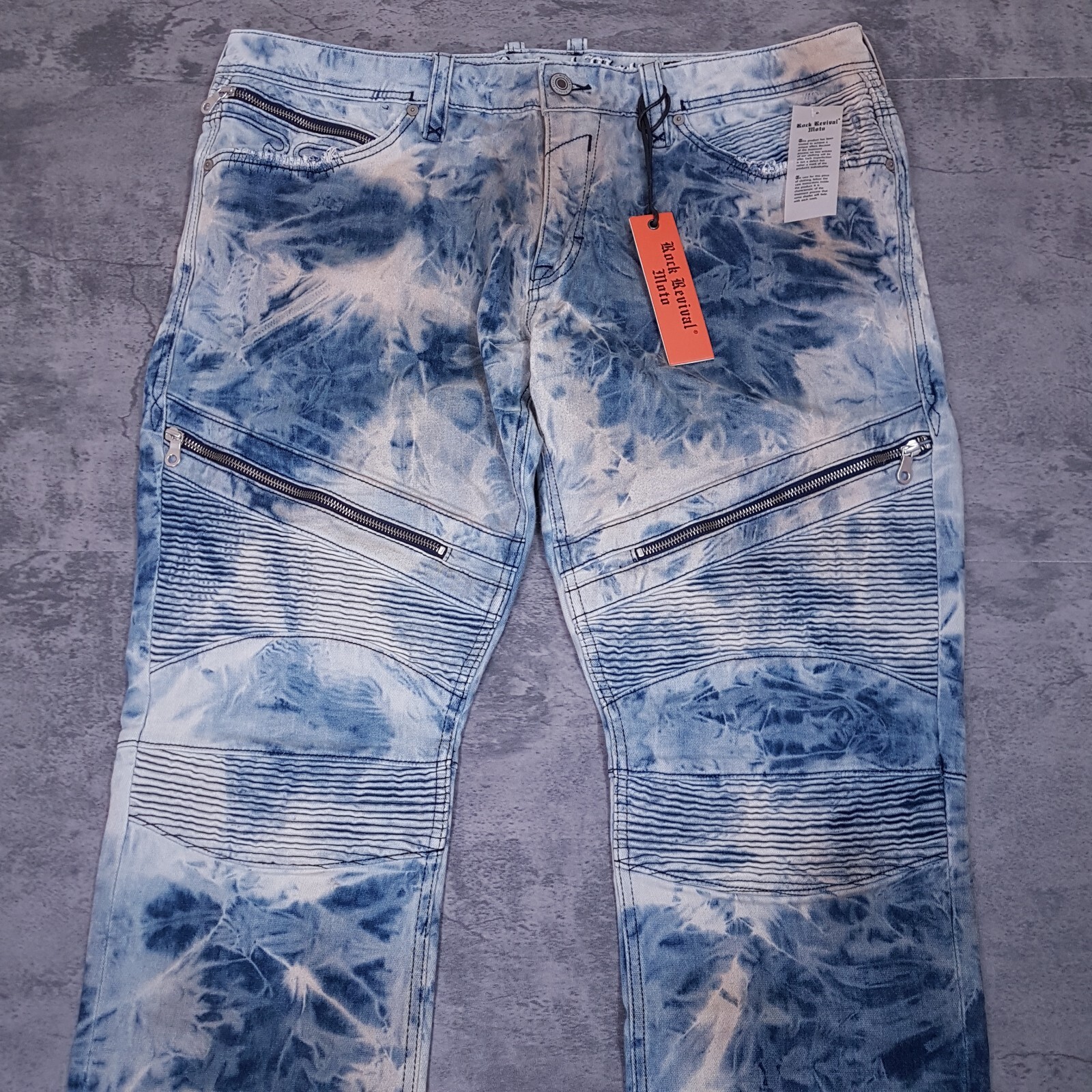 ROCK REVIVAL Daviday Moto Acid Wash Straight Distressed Jeans Mens Size 40×32