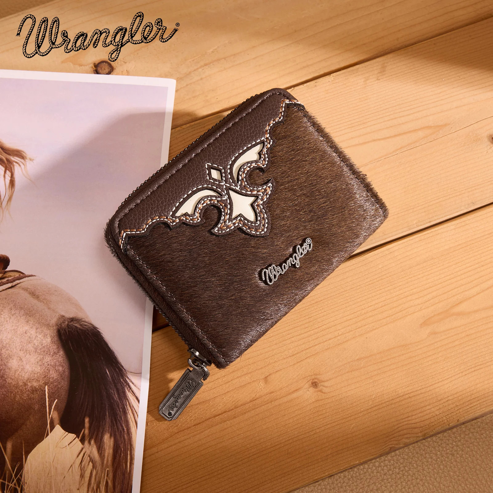 Wrangler Genuine Hair-On Cowhide Zip-Around Wallet