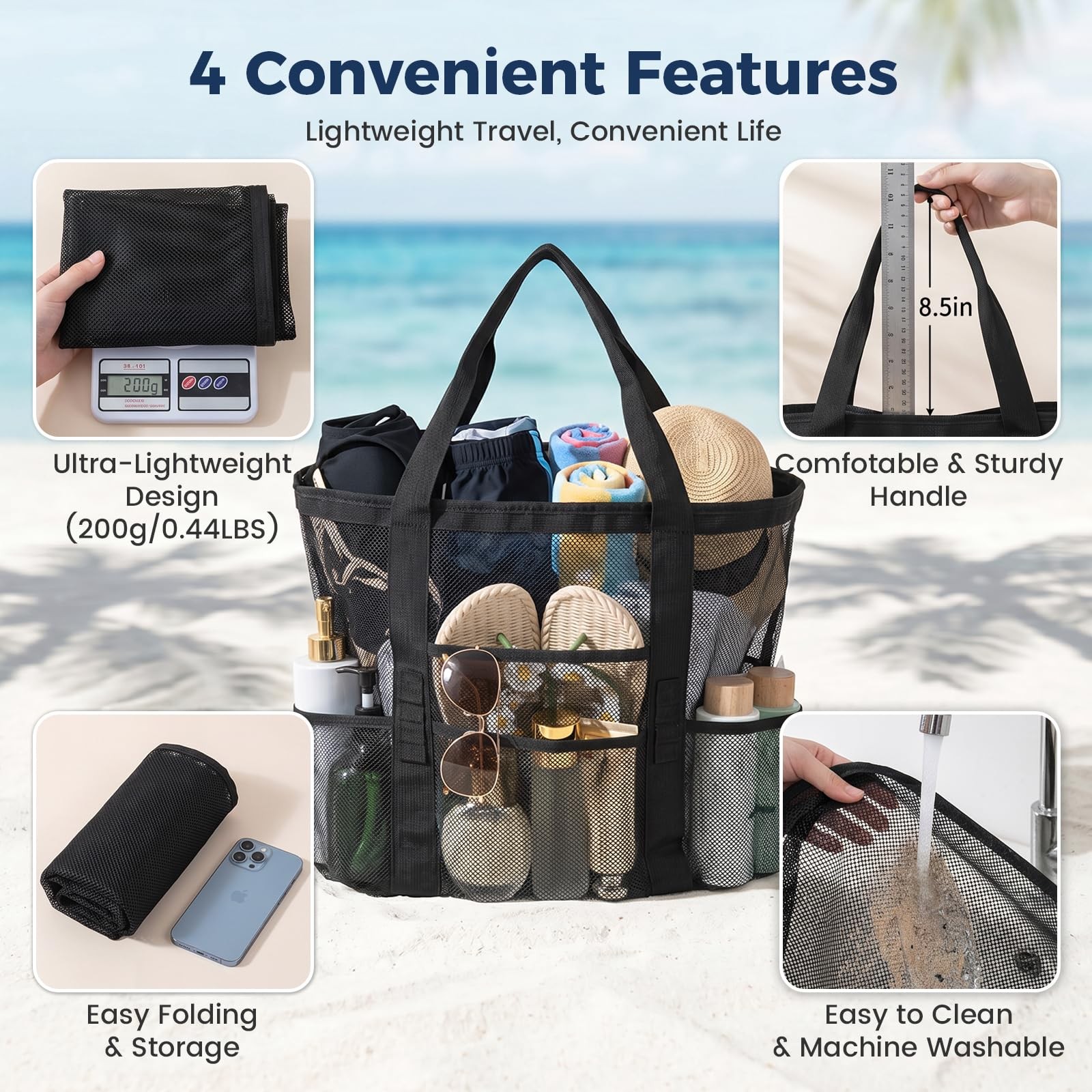 Mesh Beach Bag for Women, Large Beach Toy Pool Bag with Waterproof PVC Pocket…