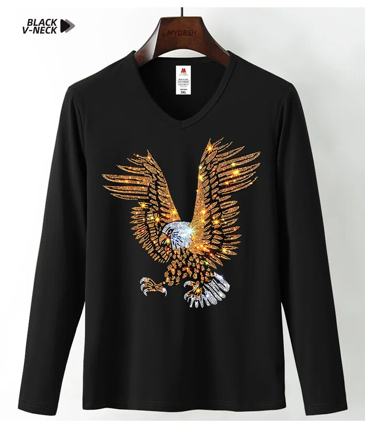 Fashion Trend Eagle Rhinestones Streetwear Long Sleeve Luxury Men V-Neck T-Shirt