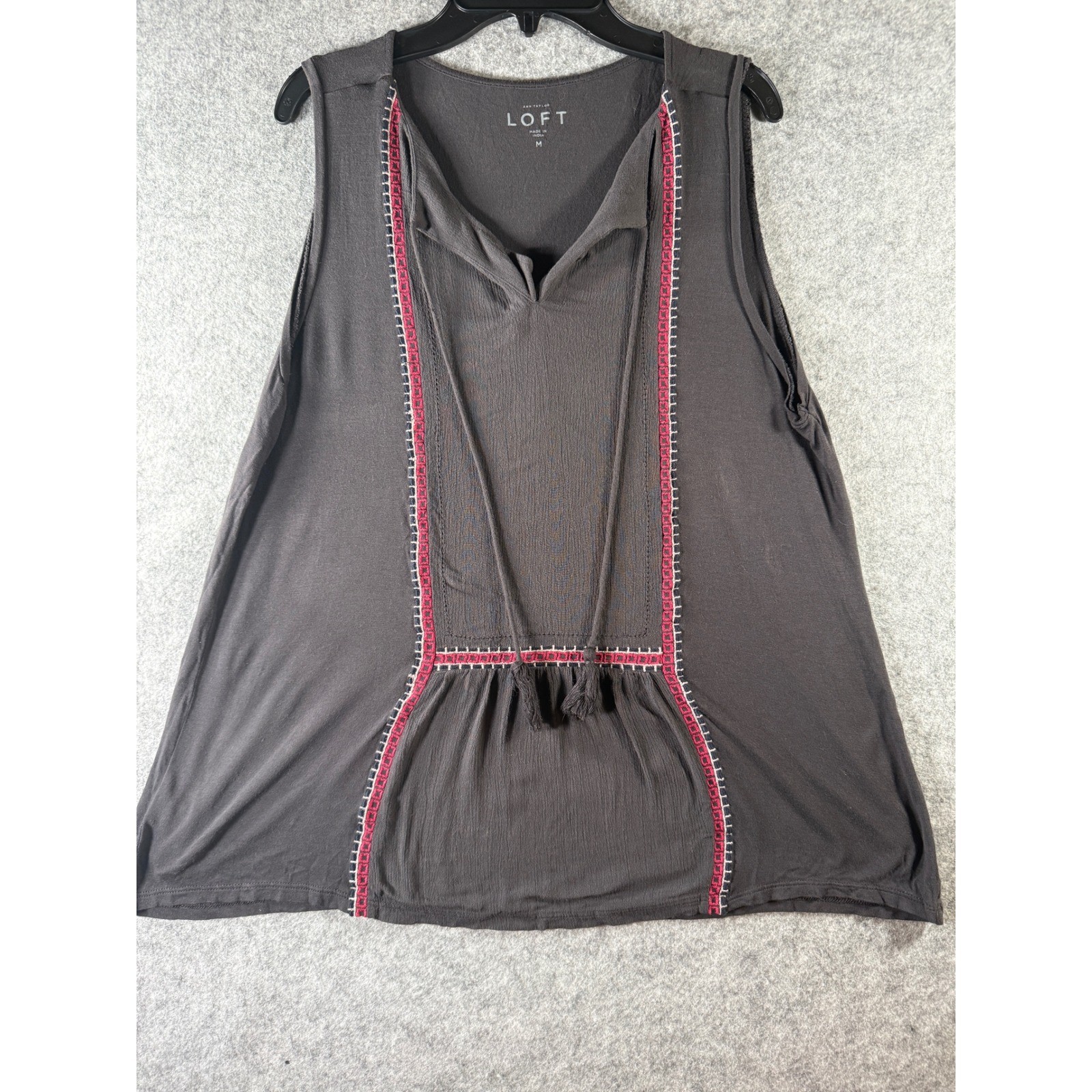 Ann Taylor LOFT Womens Medium Grey Embroidered Tassel Boho Sleeveless Blouse Top