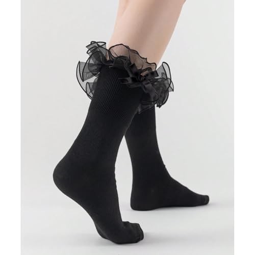 Women Big Ruffle Ankle Socks Double Lace 9-11 3 Pairs – White, Red, Black