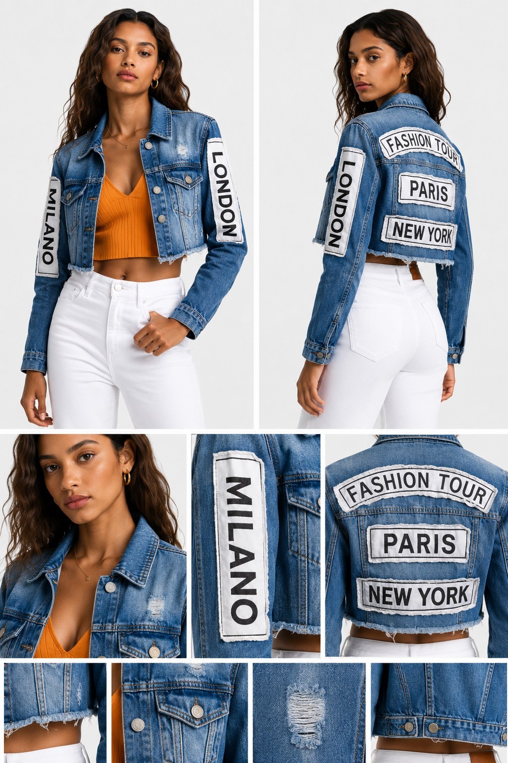 American Bazi Cropped Denim Fashion Tour Jacket Distressed Patchwork Raw Hem Med