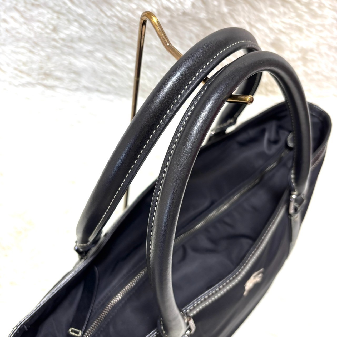 Burberry Blue Label Nylon Leather Tote Bag Horse Logo Black