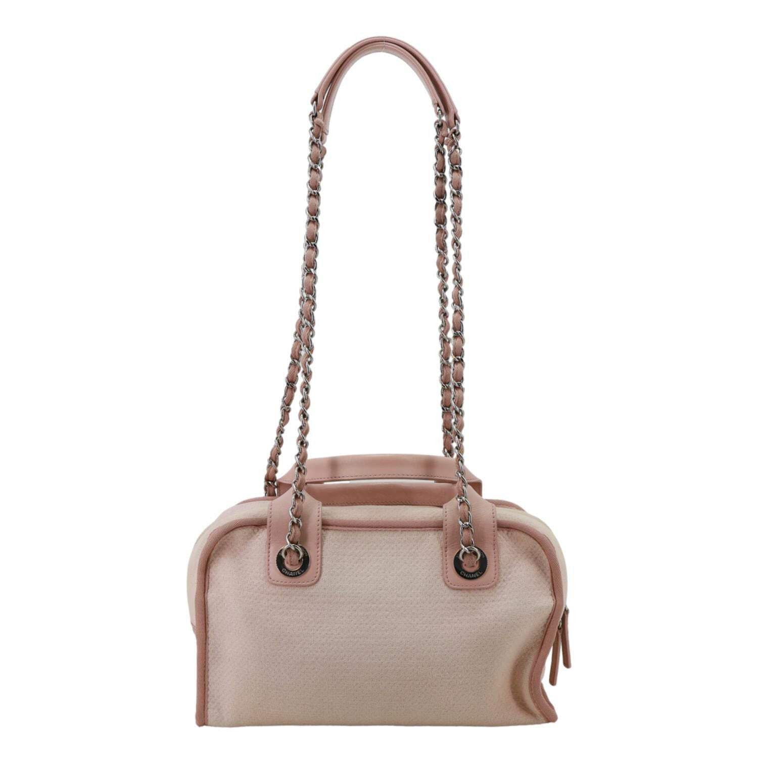 CHANEL Deauville Canvas Leather Bowling Shoulder Bag Light Pink
