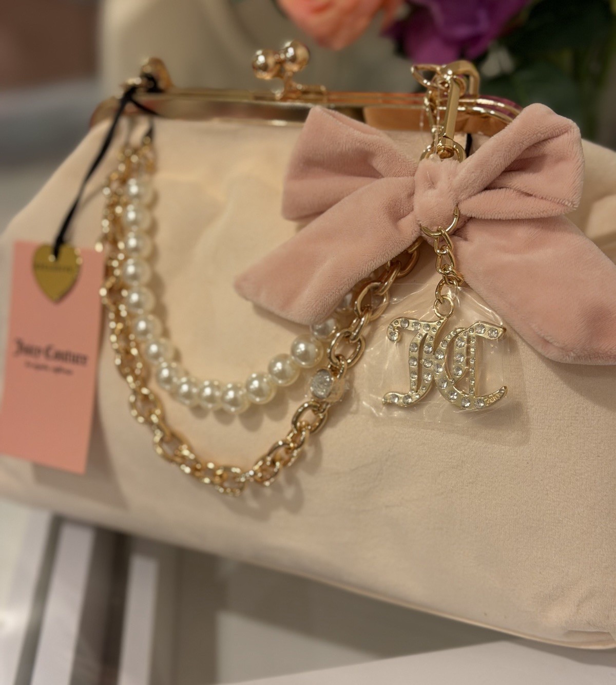 Juicy Couture Pink Kiss Lock Shoulder Bag Bow Pearl Rhinestone Charm Pockets