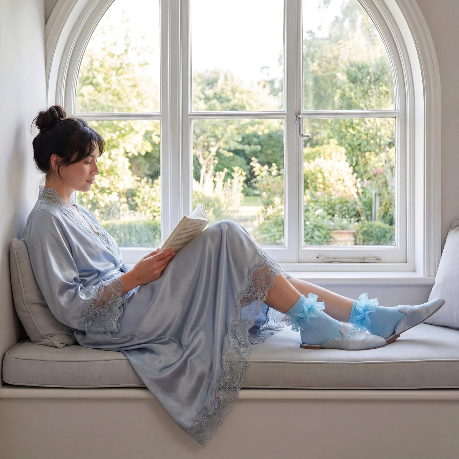 Socks for Women Big Ruffle Socks with Turn Cuff and Double Lace 9-11 Light Blue