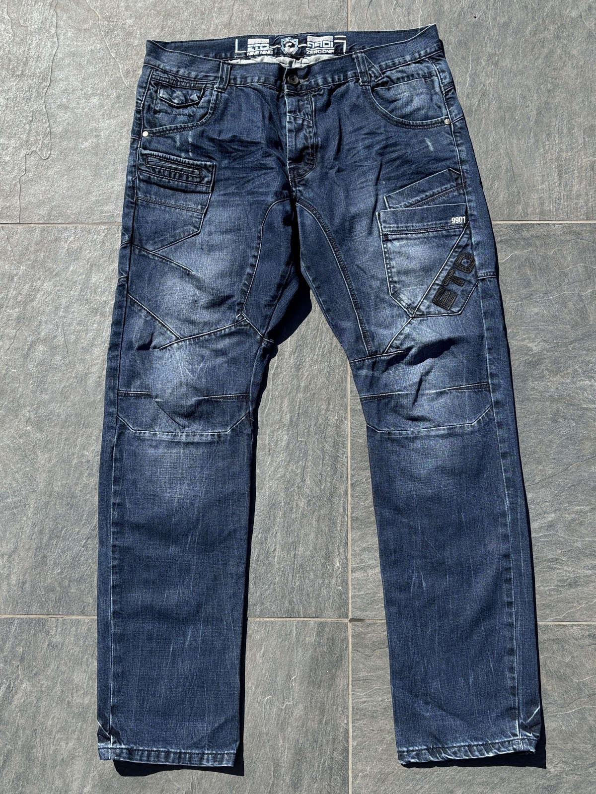 Retro ETO 9901 Mens Jeans 38L Blue Denim Streetwear Utility Cargo Distressed Y2K