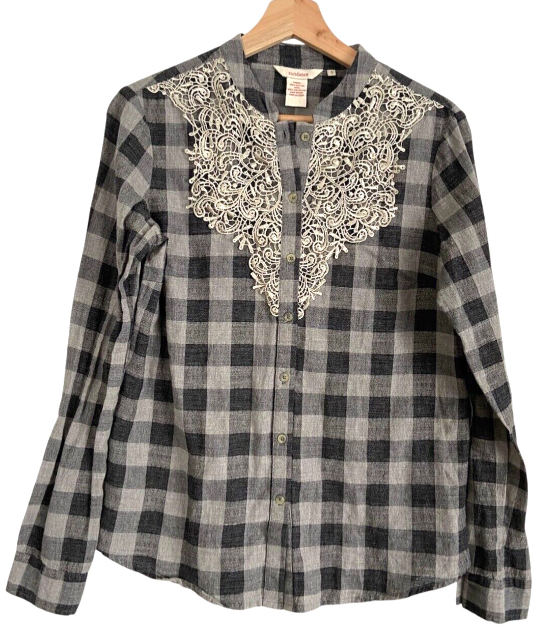 Sundance Plaid Lace Shirt S Gray Check Button Up Western Cowgirl Redford Cassidy