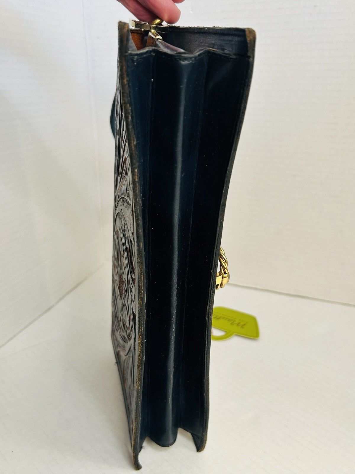 Navy Blue Hand Tooled Leather Purse Flowers Southwestern Bohemian Mautto Strap