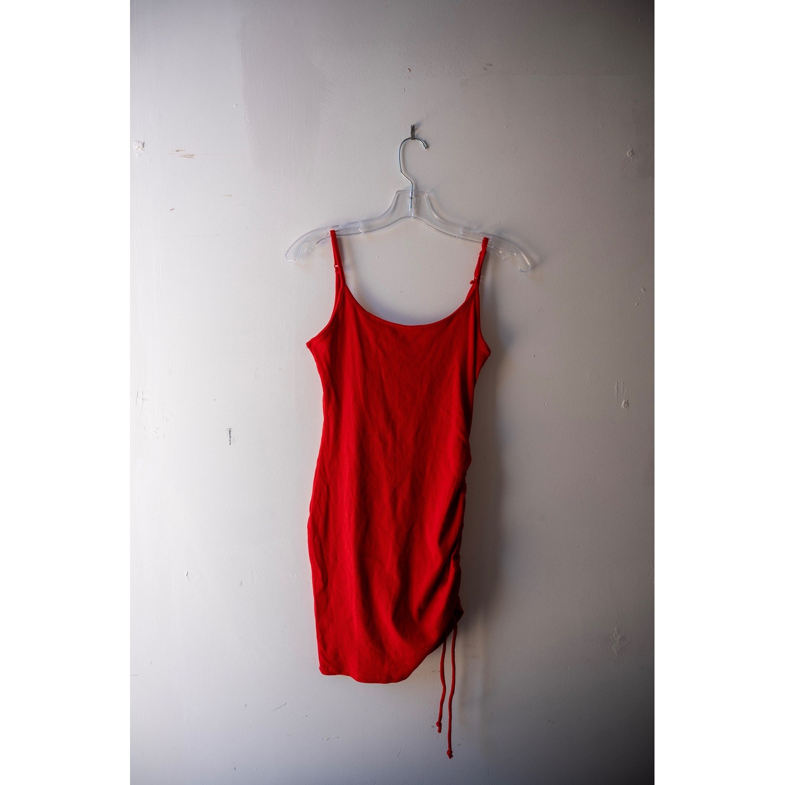 Red Side Ruched Bodycon Mini Dress Spaghetti Strap Scoop Neck Stretch Knit