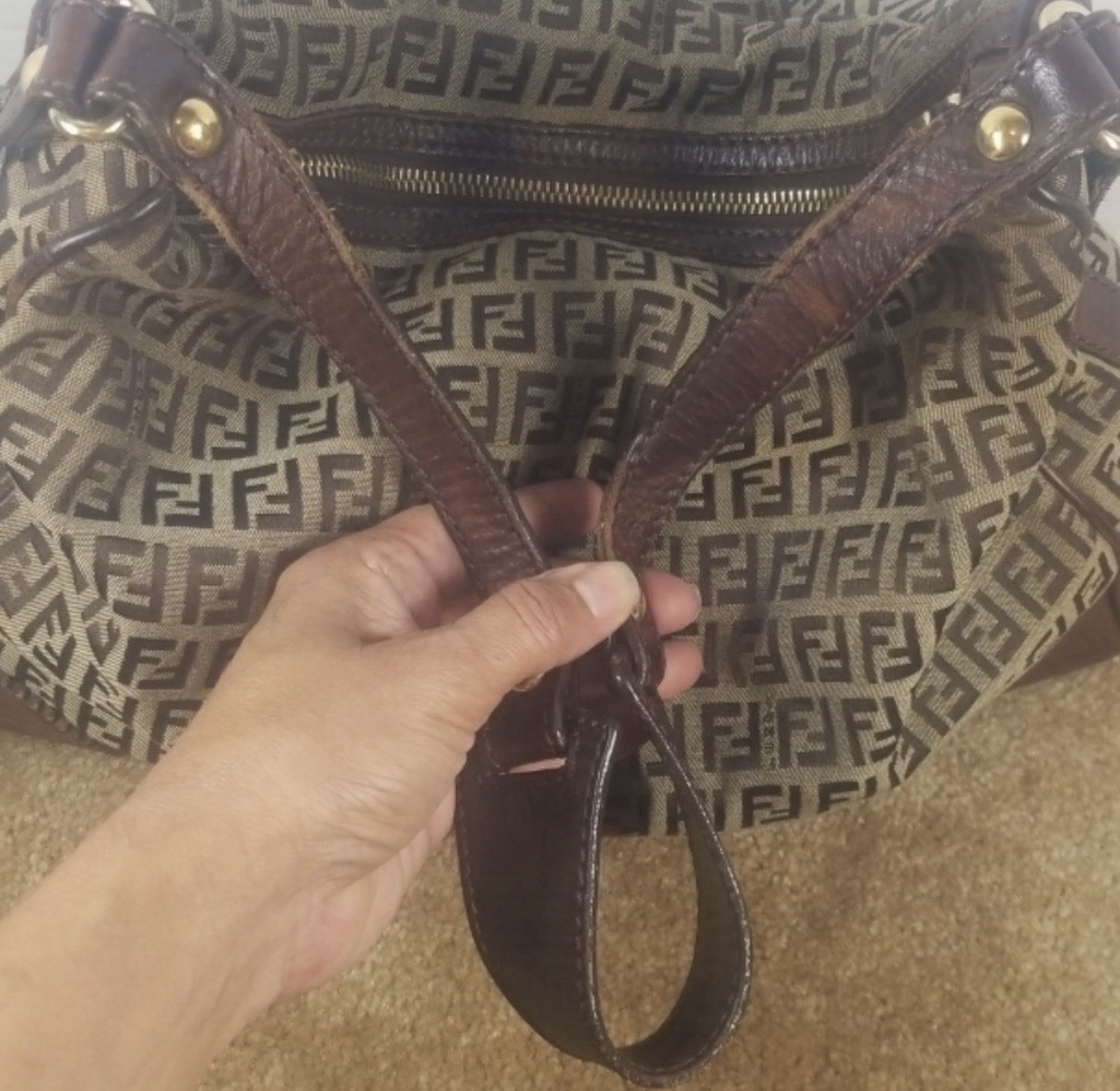 Fendi FF Monogram Medium Hobo Shoulder Bag Brown Beige Zip Detachable Strap