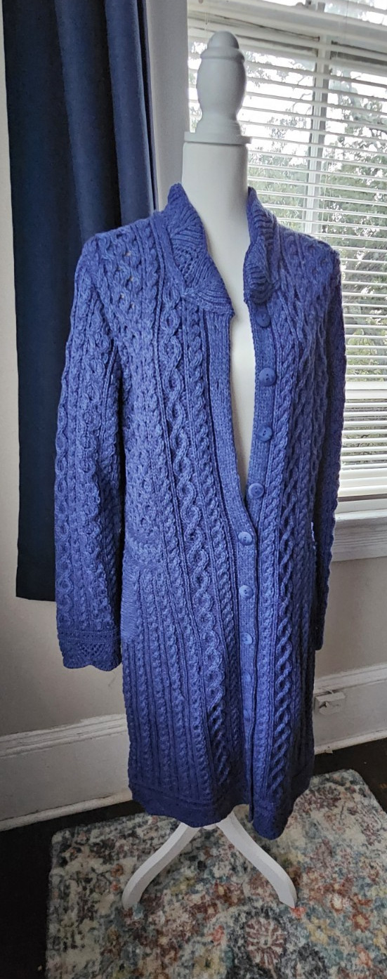 Aran Crafts 100% Merino Wool Cable Knit Cardigan Womens L Long Blue Ireland NWT