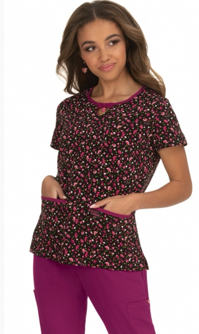 Betsy Johnson Koi Women XS Scrub Top Rose Ditsy Floral Raspberry New Tags Poly