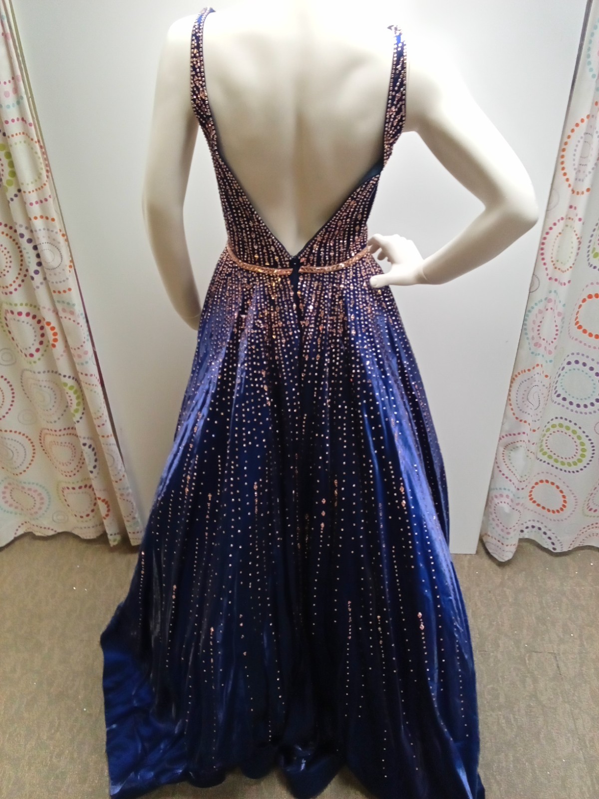 Navy Silk Ball Gown with Gold Bead Design