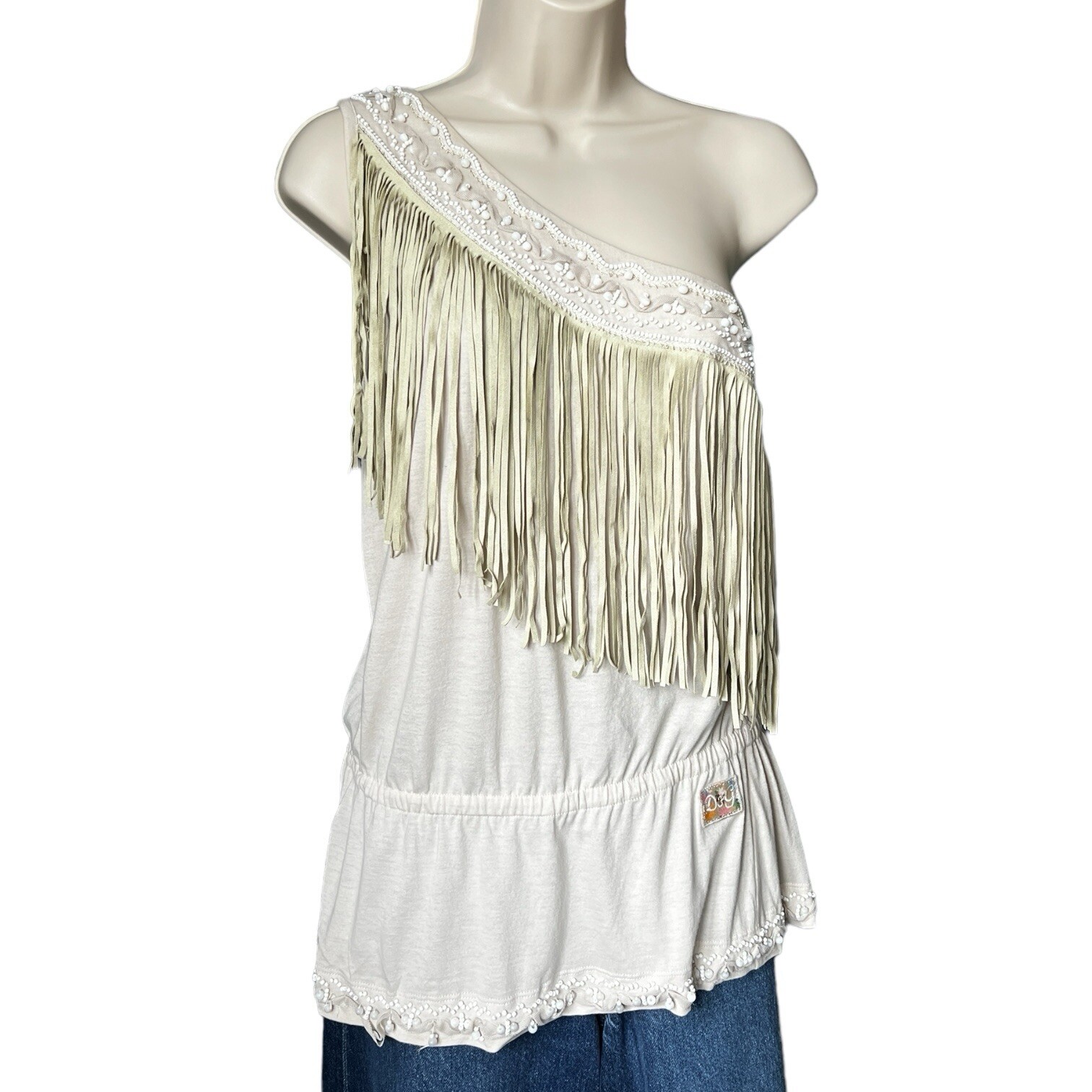 Dolce & Gabbana Vintage One-Shoulder Beaded Feather Top (IT42)