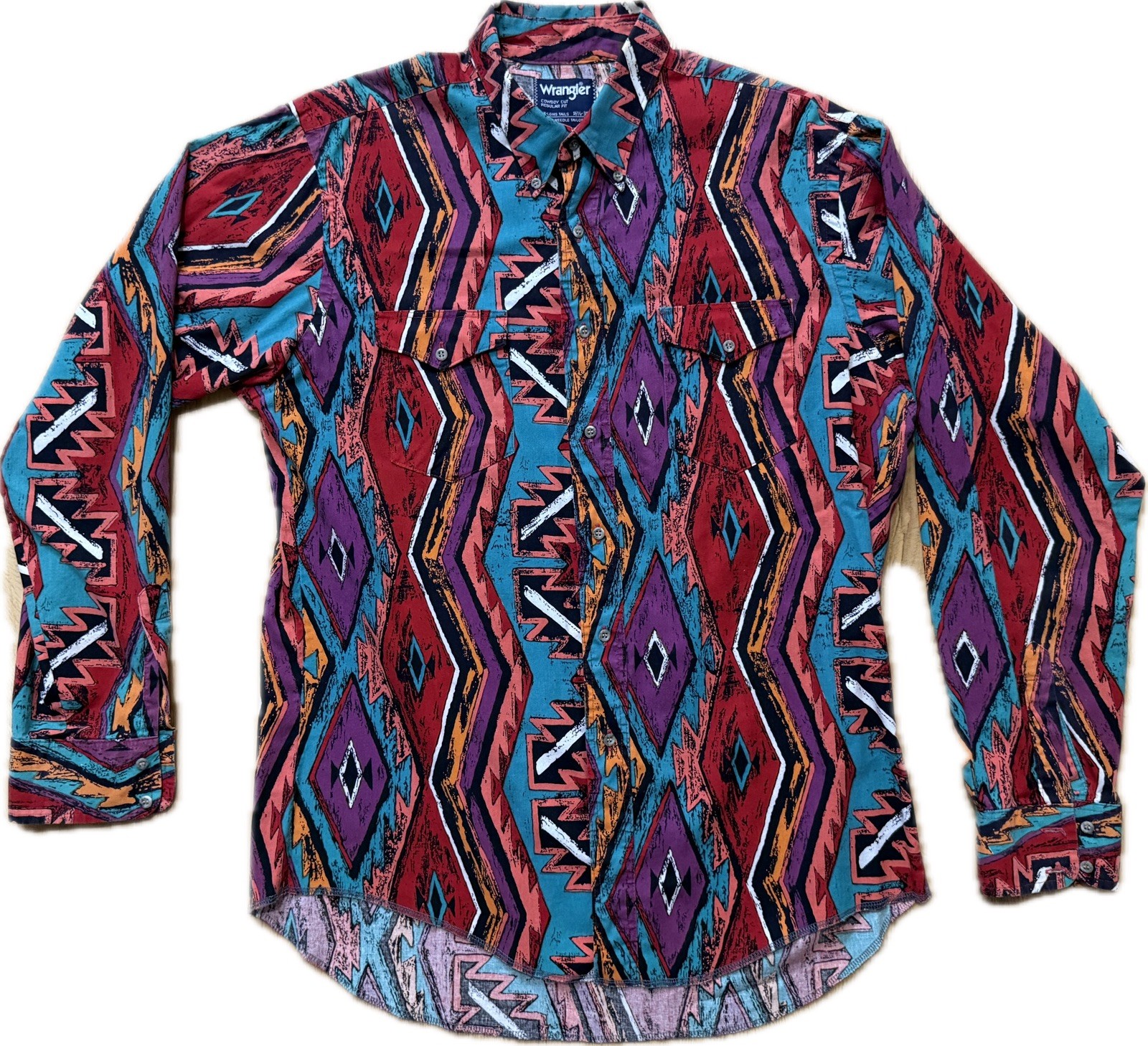 Vintage Wrangler X Long Tails Cowboy Cut Shirt Mens 16.5-36 L Brushpopper Aztec