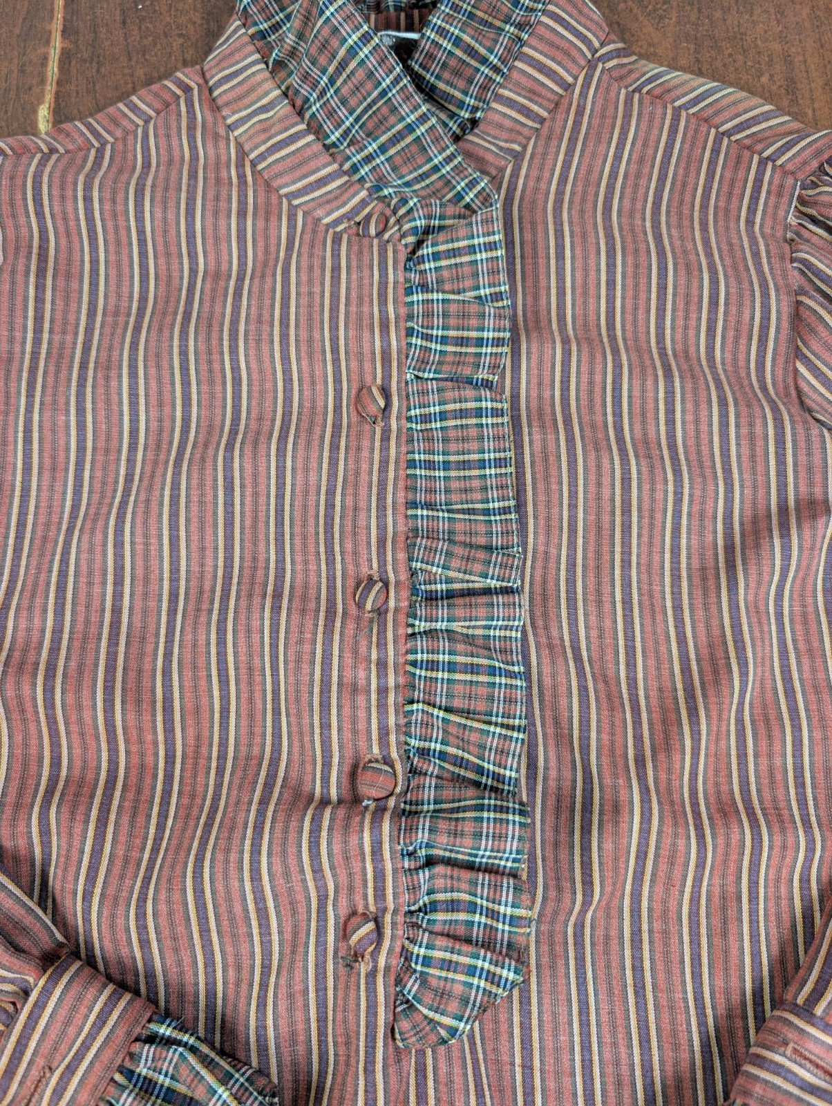 Vintage 70s Stras Teacher Retro Blouse Chic Office Button Fringe Stripes Sz S/M