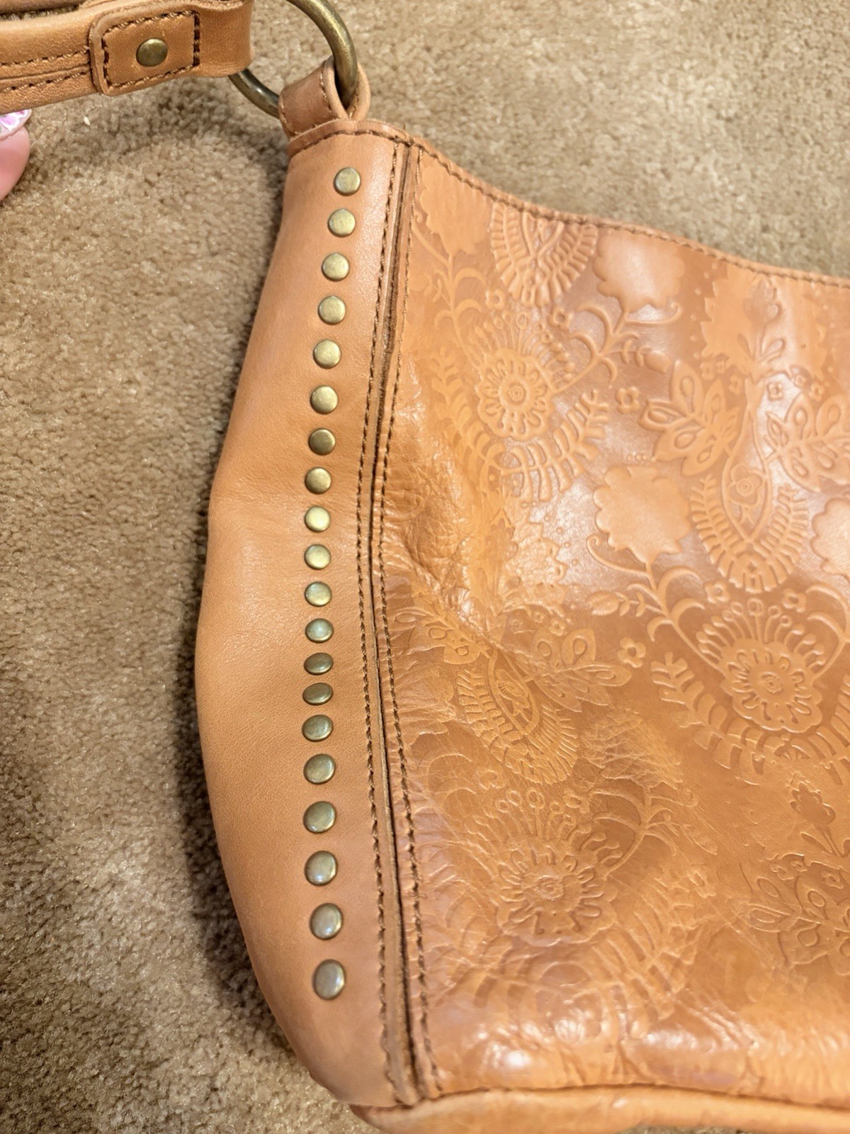 The Sak Brown Floral Embossed Shoulder Bag Zip Closure Studded Detach Strap
