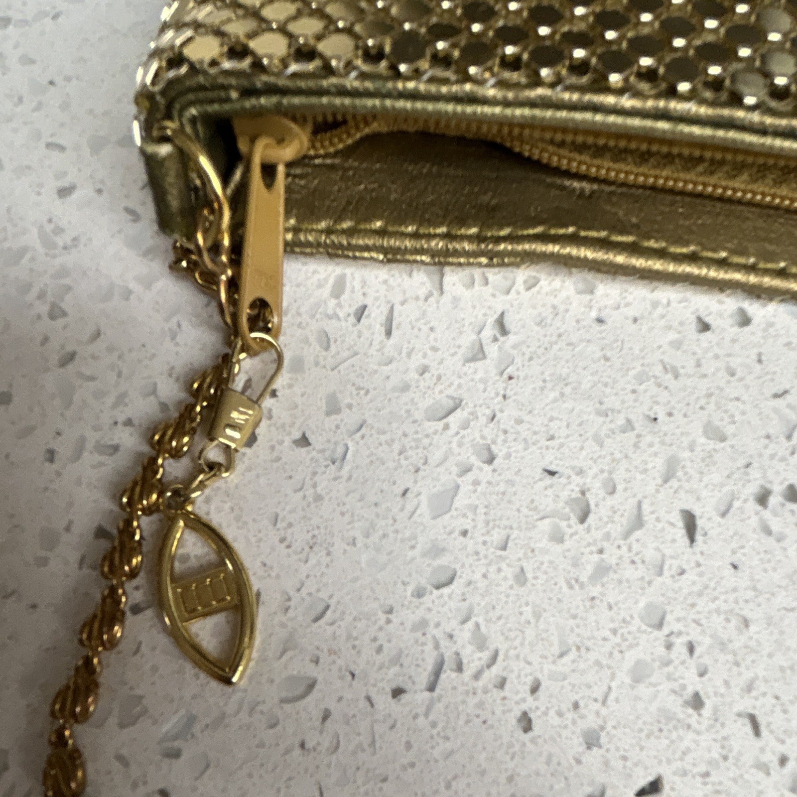 Gold Metallic Crossbody Bag Zip Closure Chain Strap Ivory Lined Inner Pockets