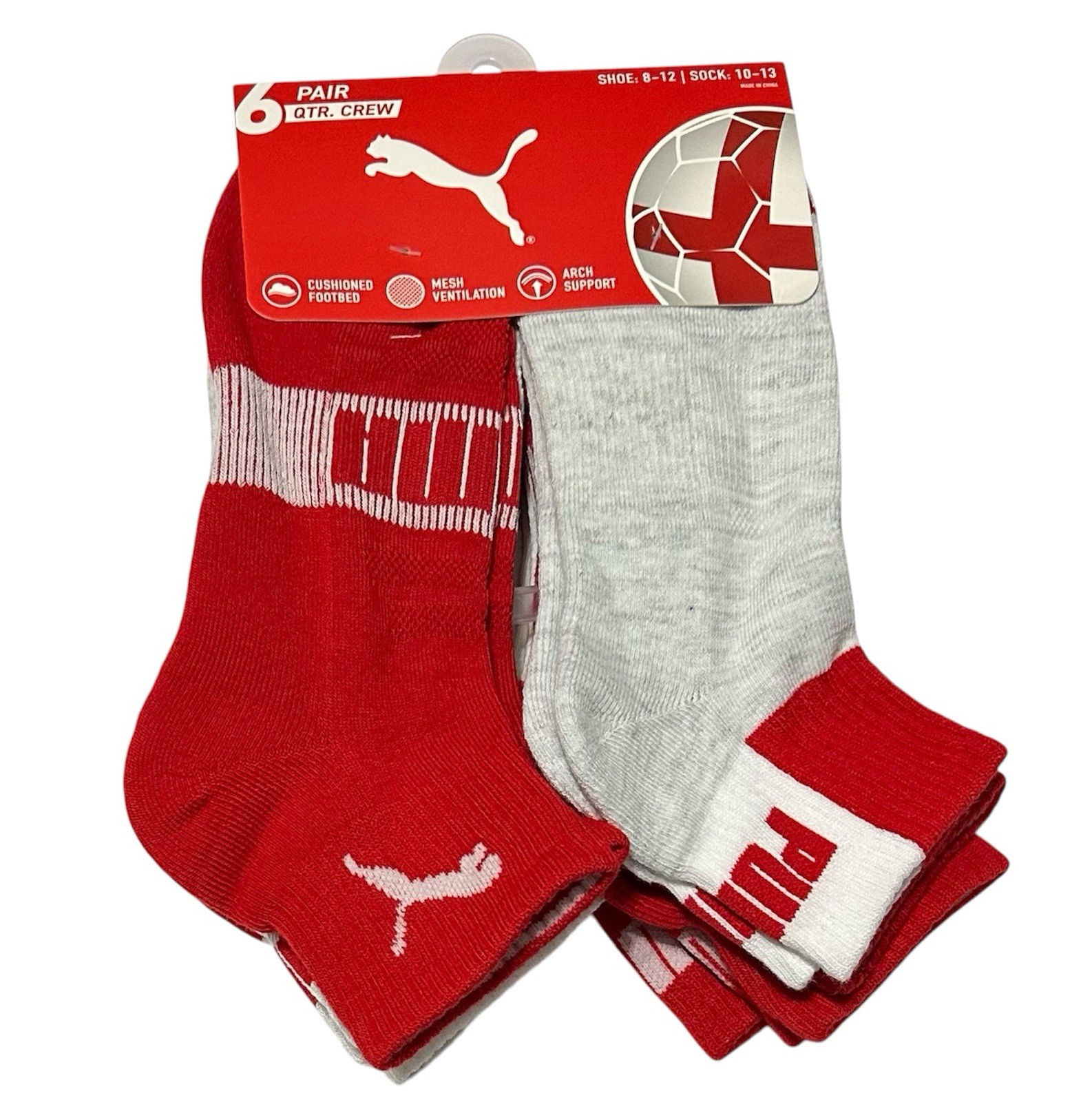 Puma Men’s Cushioned 6-Pair Quarter Crew Socks Large (8-12) England Proud
