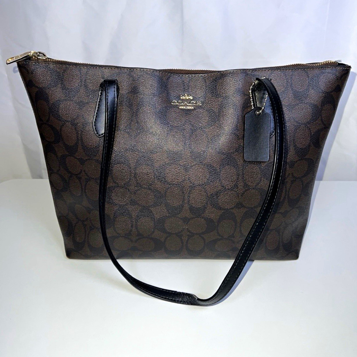 Coach Signature C Brown/Black Zip-Top Tote Shoulder Bag w/ Hang Tag Pockets