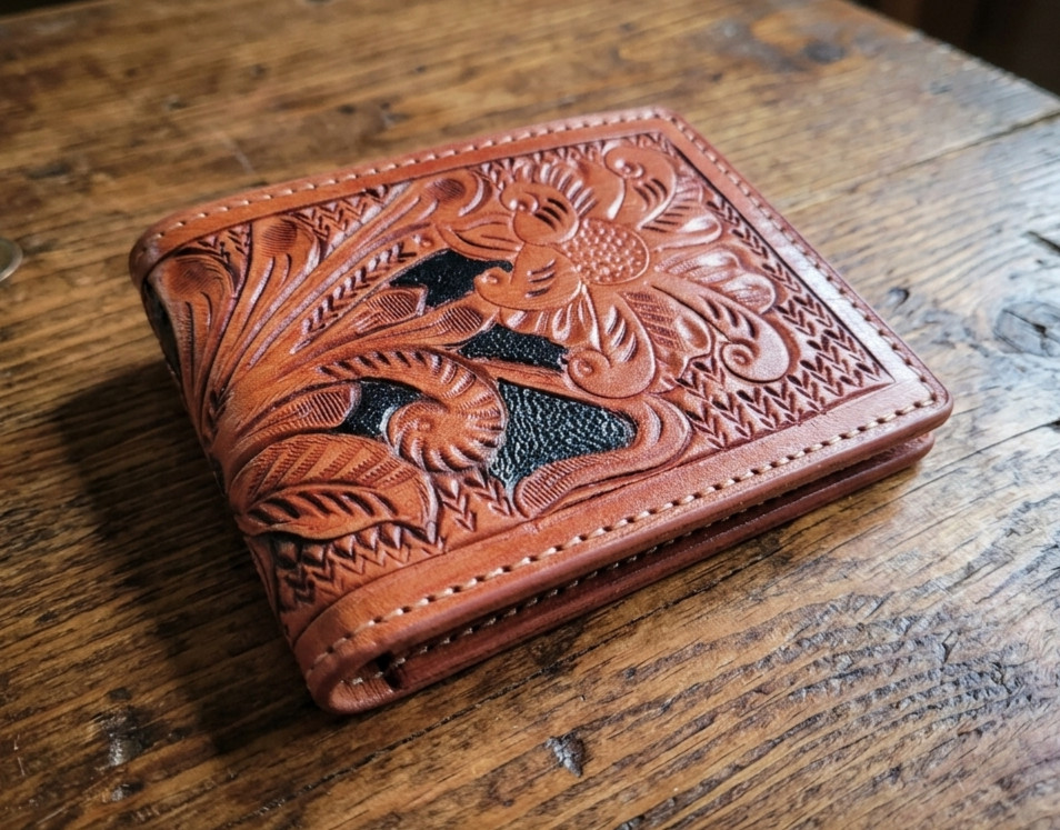 Hand Tooled Genuine Leather Bifold Wallet – Leather RFID Men Tan Wallet Flower