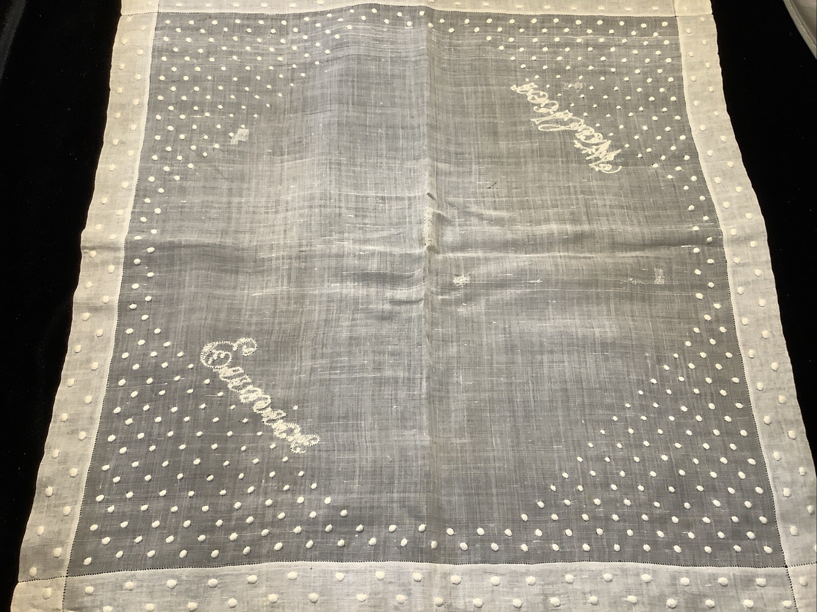 913🌟Vtg Antique c1890s Whitework Monogram “EUNICE Walker” Handmad Wedding Hanky