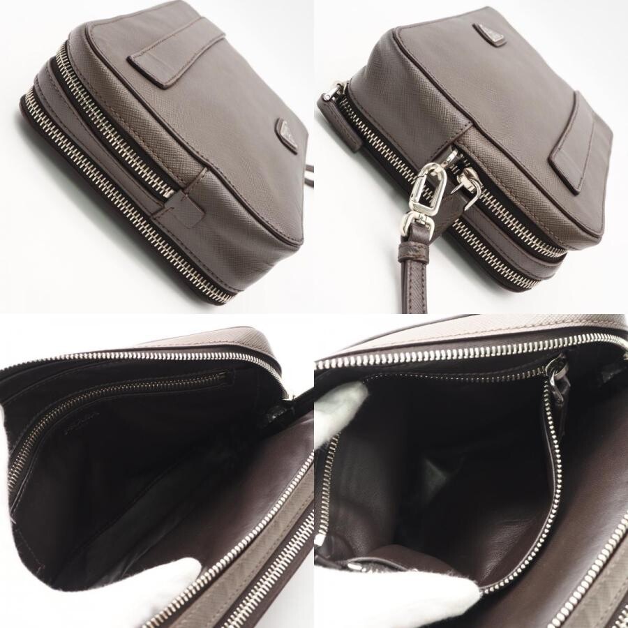 PRADA 2VF052 Clutch Saffiano Leather Greige Mens Zipper Pockets Card Slots