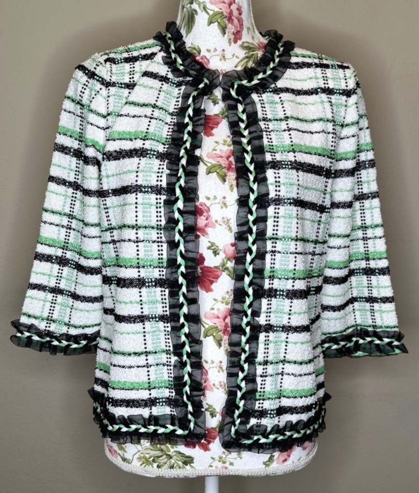 Ming Wang Jacket Womens Sz S Black Green White Plaid Boucle Embellished Braid