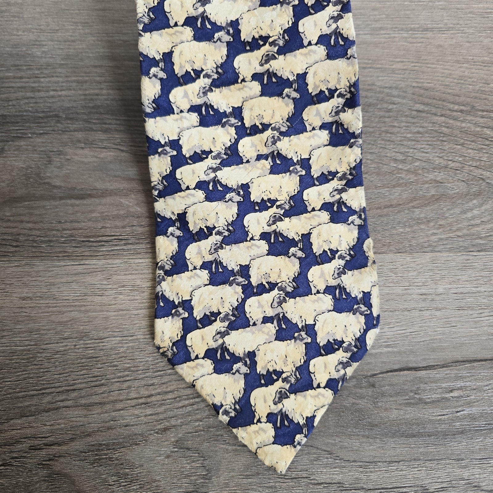 Museum Artifacts Silk Tie Mahogany Cream Flock Of Sheep Motif Necktie 58″