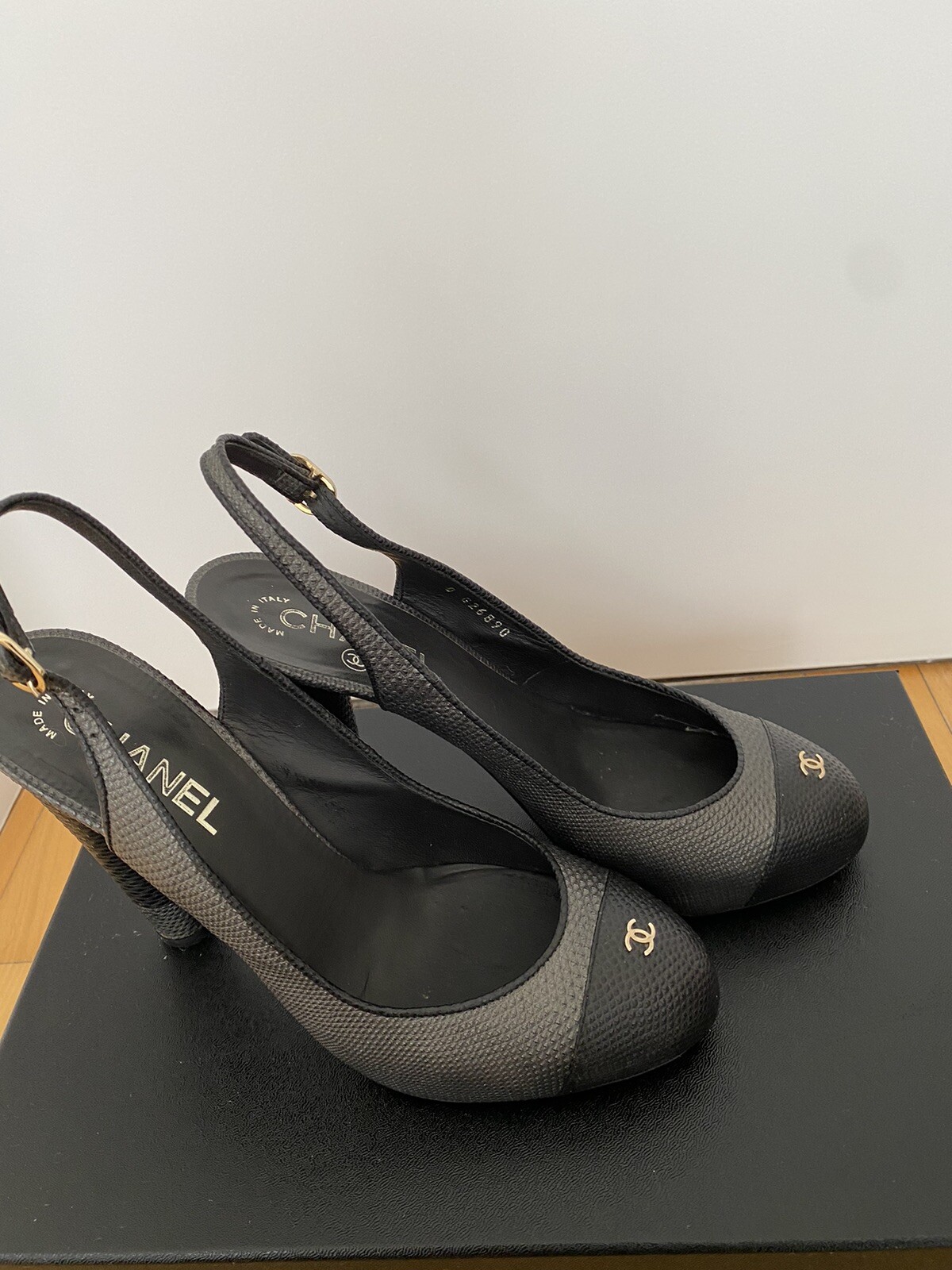 Chanel slingbacks 39.5. Black and Grey, Platform, Heel 12cm