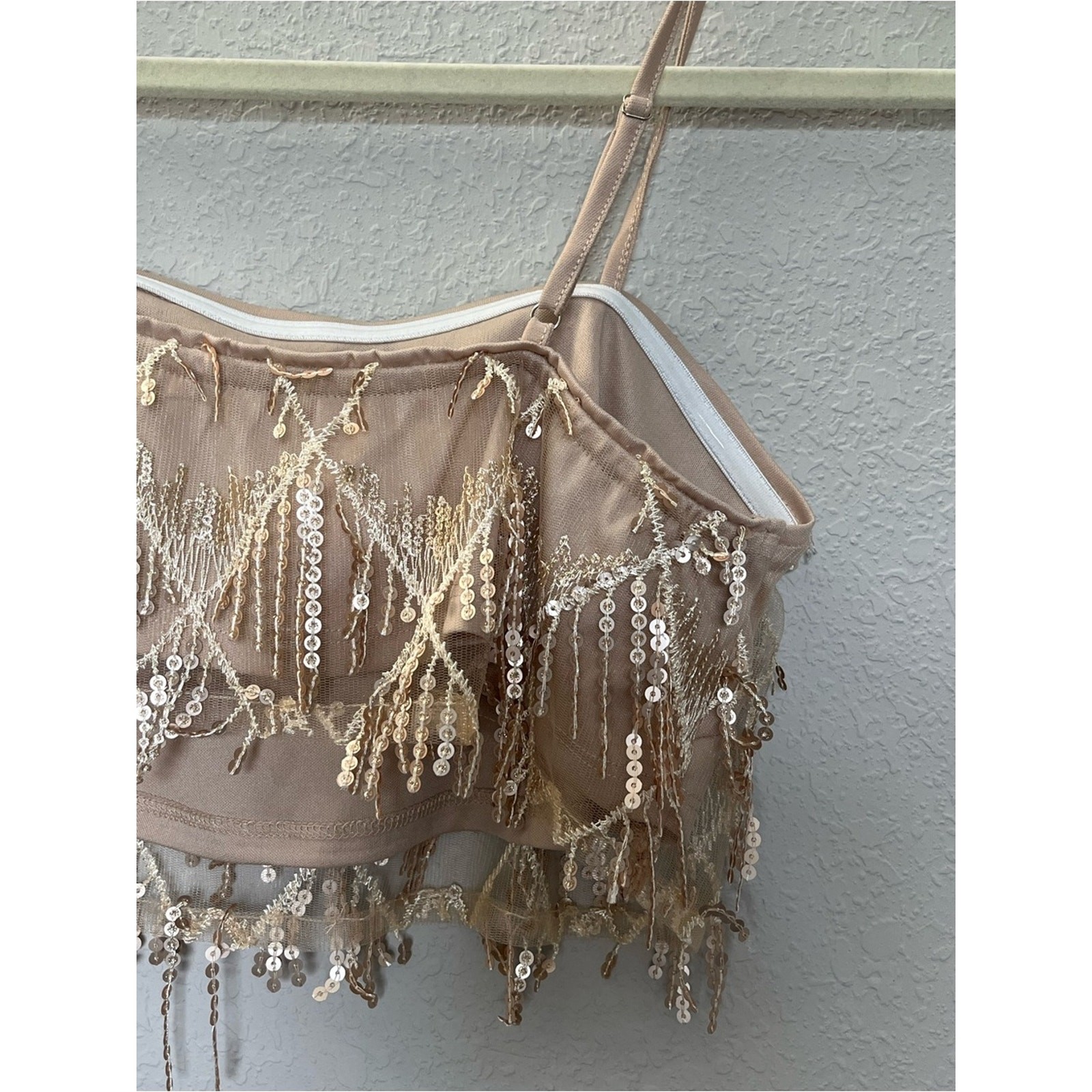 Rose Gold Sequin Fringe Festival Cropped Tank Women Medium Coquette Glam Y2K