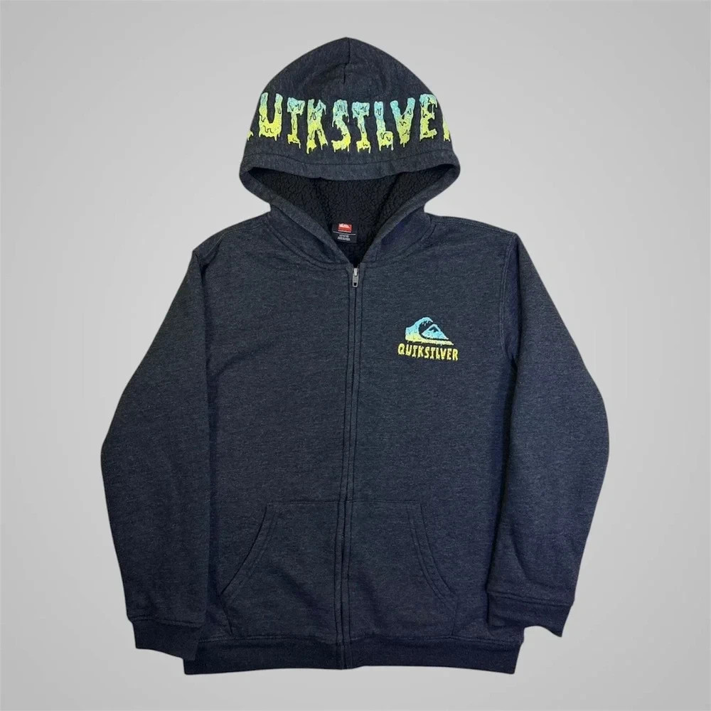 Boys Youth Quicksilver Zip Up Front Sherpa Lined Hoodie BLACK Size XS5/6