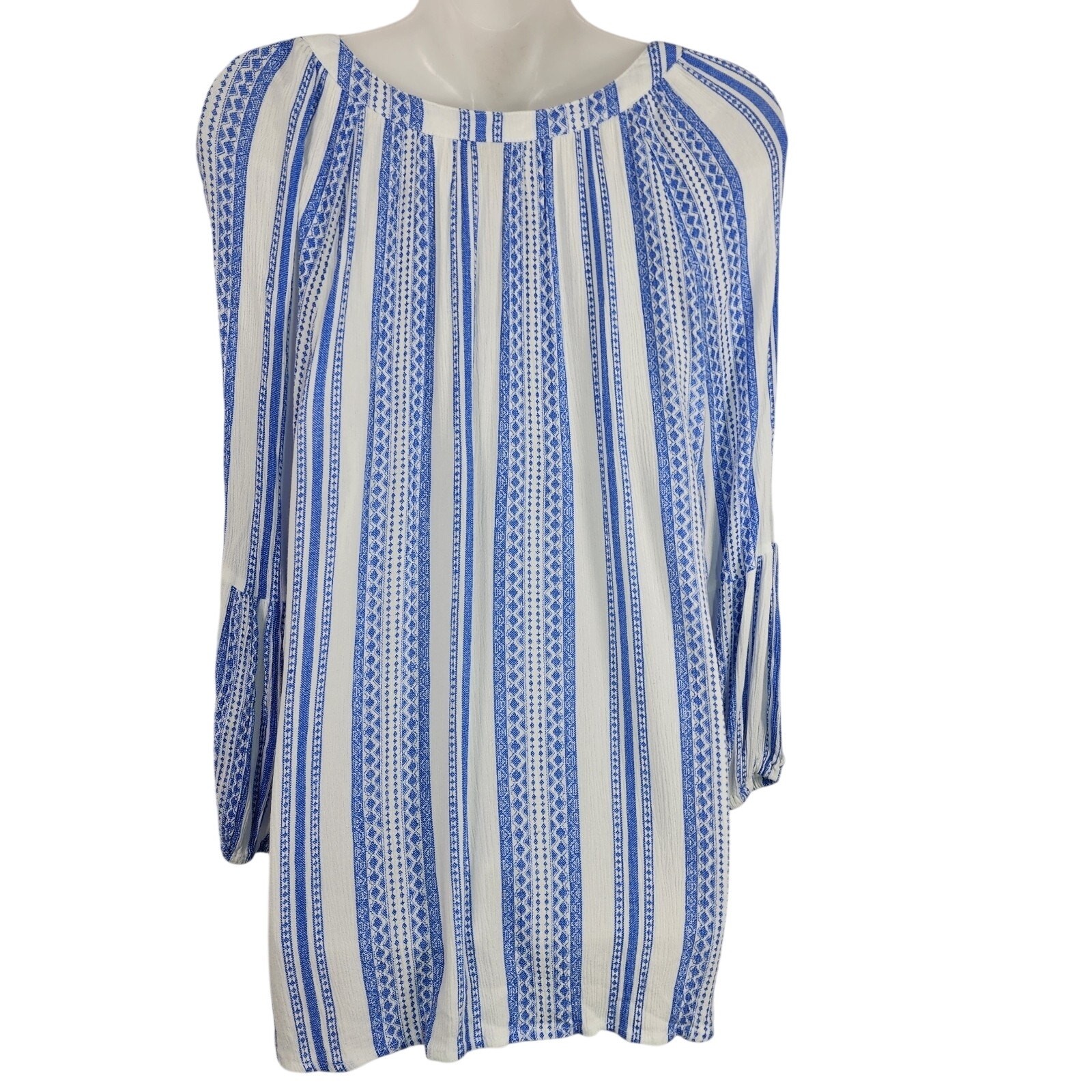 Brina & Em Womens Colter Split Neck Top Blue White Striped 3/4 Sleeve Boho XL