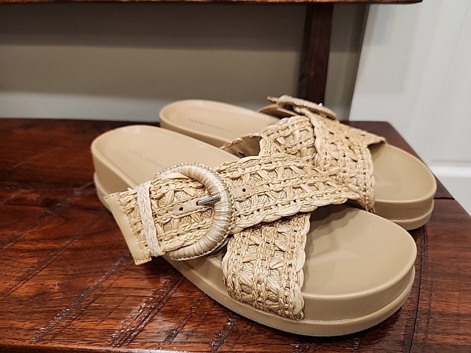 Marc Fisher Welti Sandals Slip On Slide Platform Wedge Tan Straw Buckle 8.5