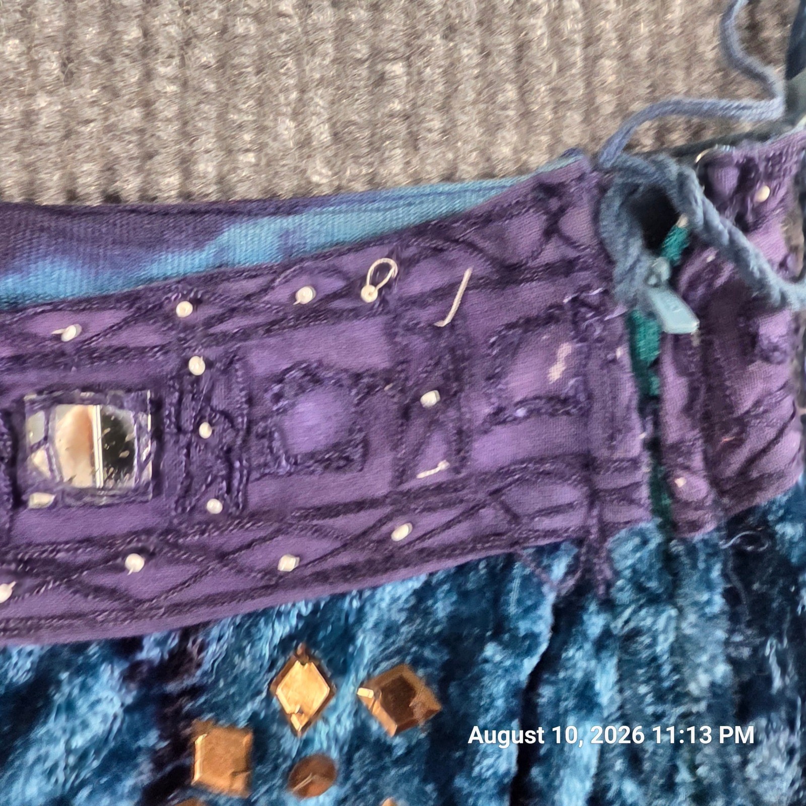 Karan Boho Velvet Tie Dye Maxi Skirt Blue Purple Mirror Sequin Embellished S