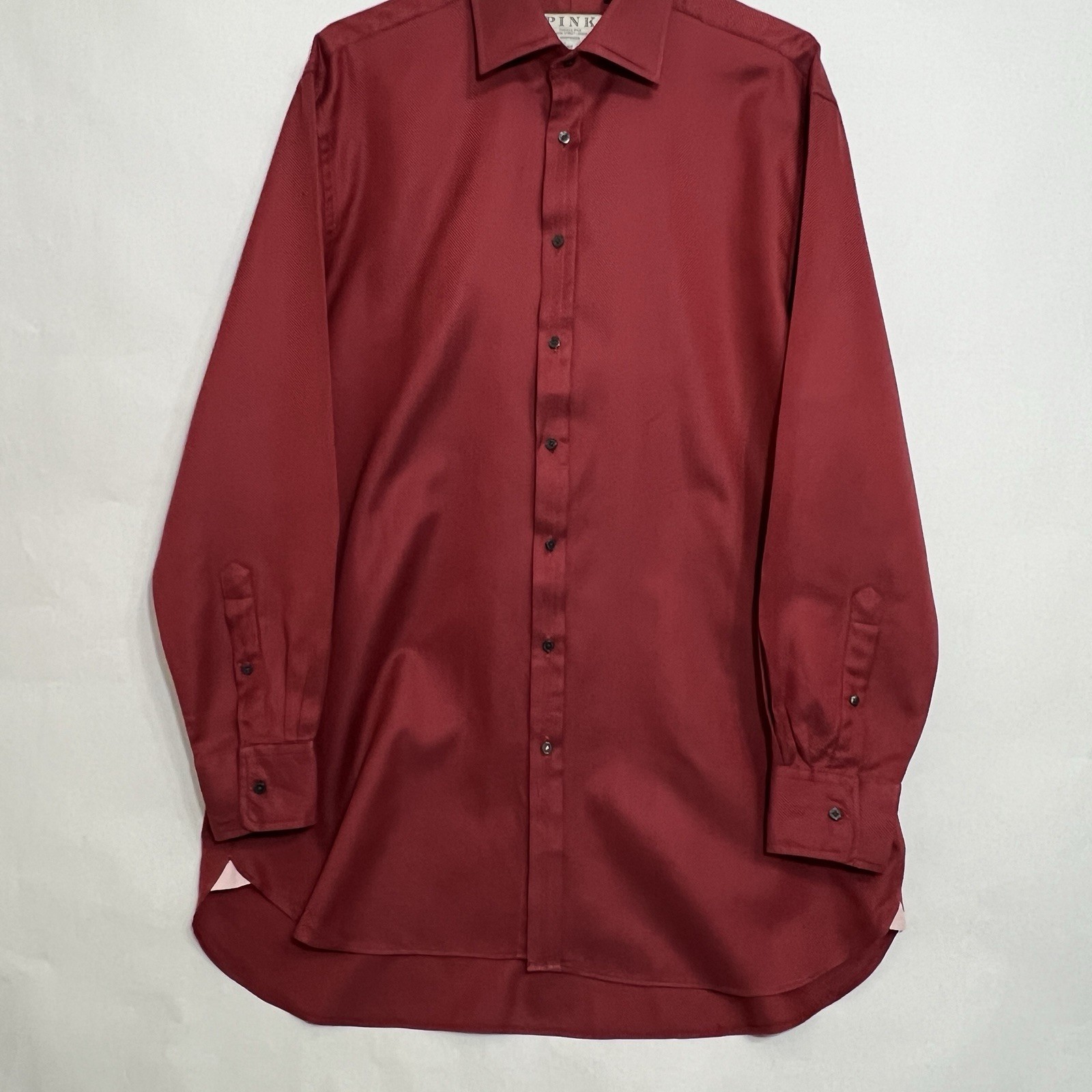 Thomas Pink Classic Fit Herringbone Dress Shirt Dark Shade Red Men 17.5 35 1/2