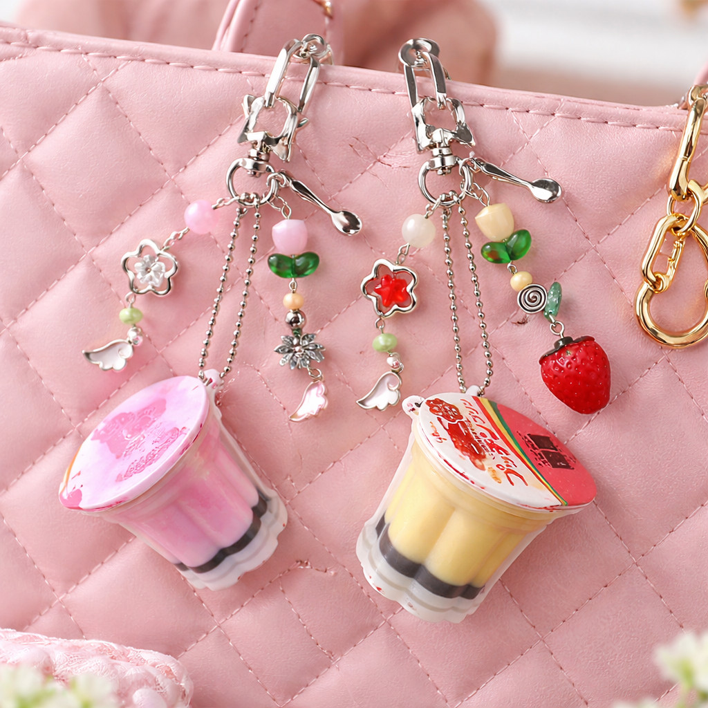 Cute Yogurt Cup Charm Keychain – Kawaii Strawberry Bead Bag Charm