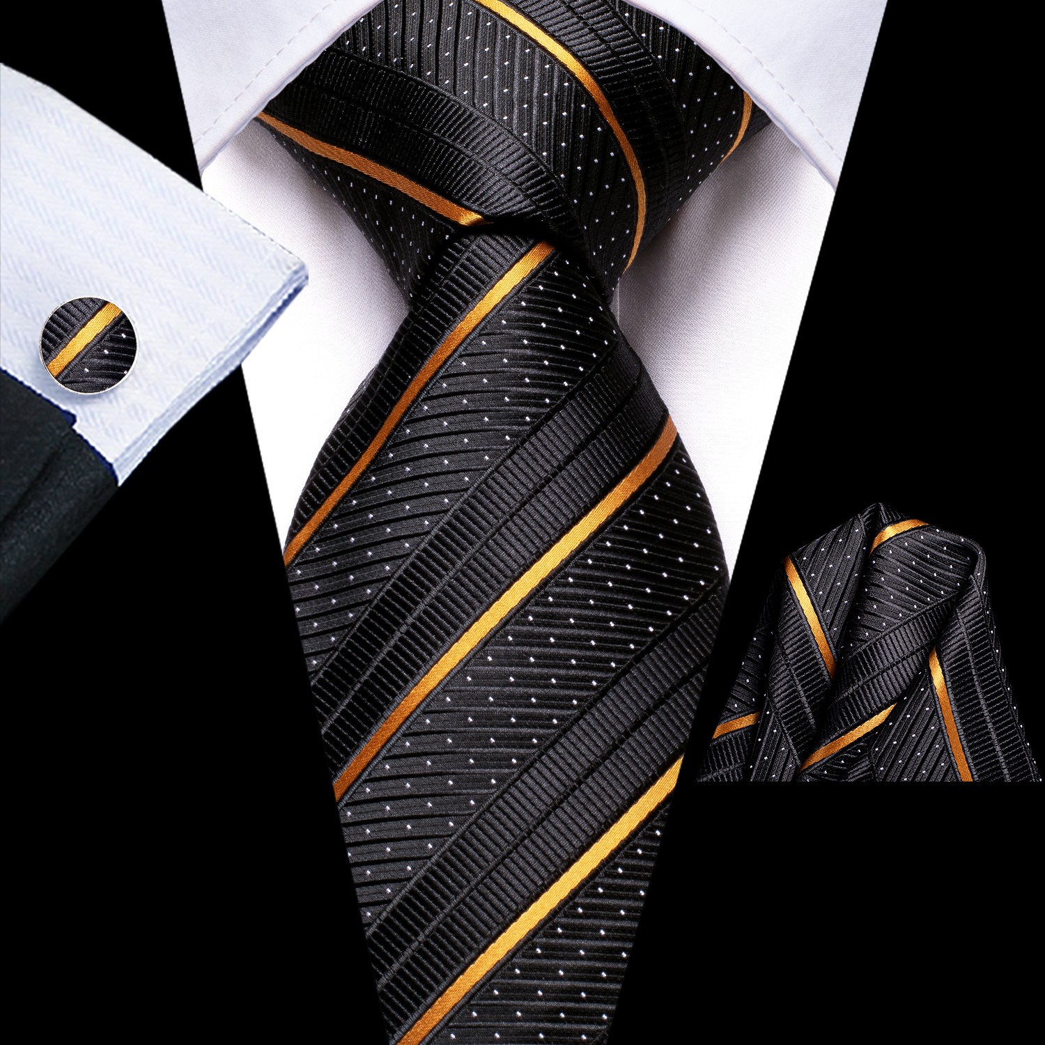 3 Pcs-Men’s Tie Set Black Striped Necktie Pocket Square Cufflinks Wedding Party