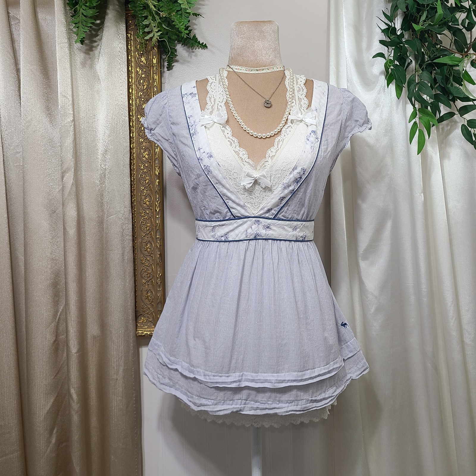 ♡ Y2K ♡ Abercrombie Cotton Striped Floral Babydoll Tie Back Cottagecore Top Rare