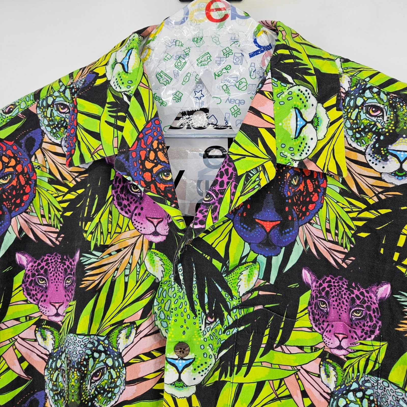 Moon Dog Shirt Mens XL Button Up Short Sleeve Handmade Jungle All Over Print