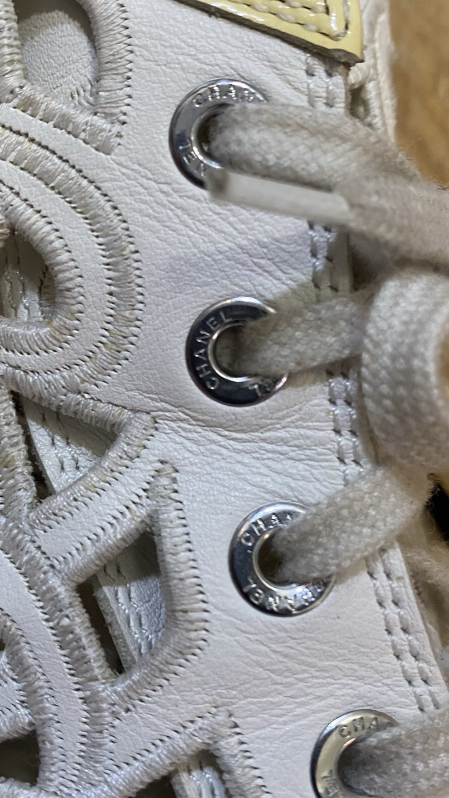 CHANEL Beige Patent Leather Laser Cut Floral Hi top Sneakers Women Sz 39 Italy
