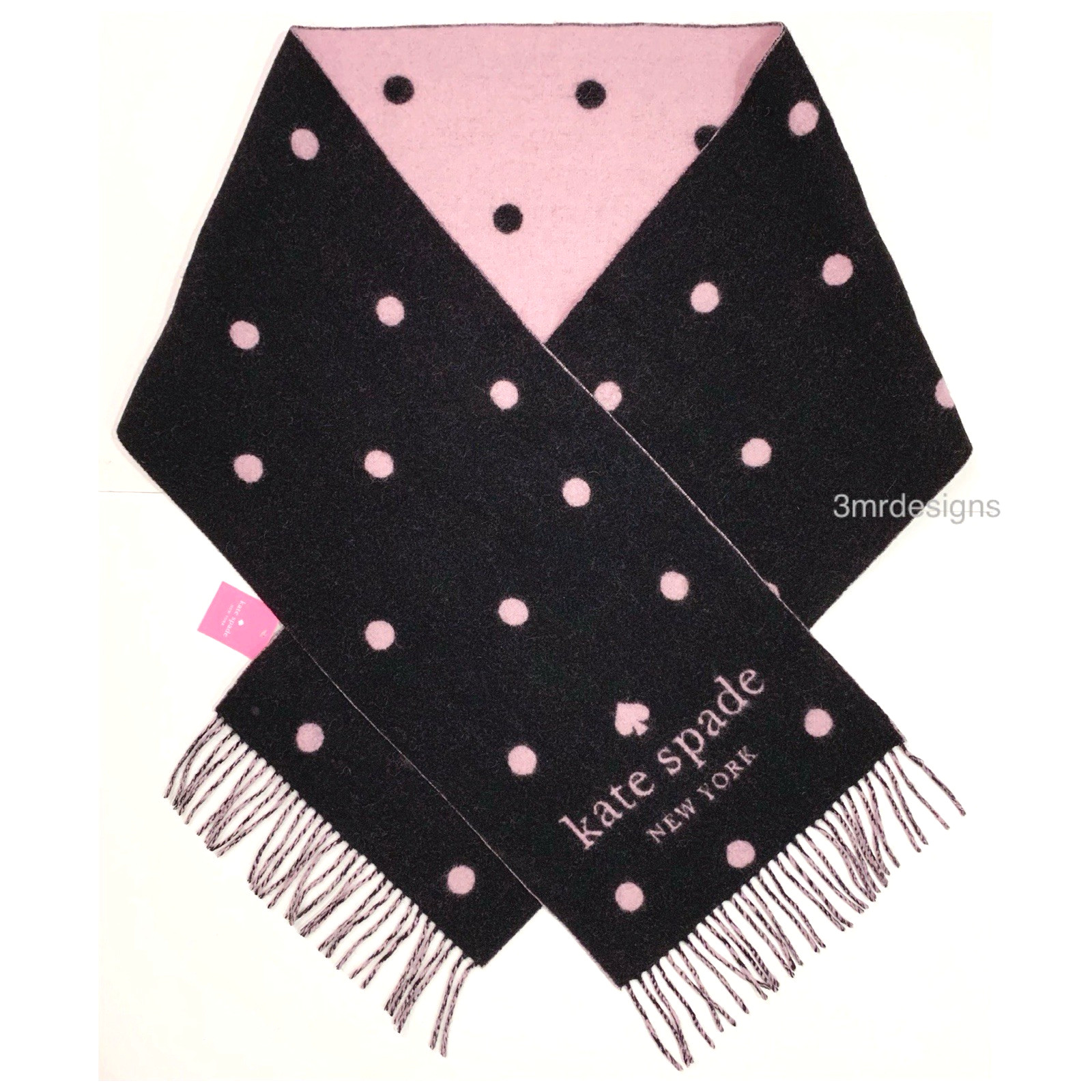 NWT Kate Spade Black/Pink Logo Dot 90% Wool/10% Cashmere Soft Large Oblong Scarf