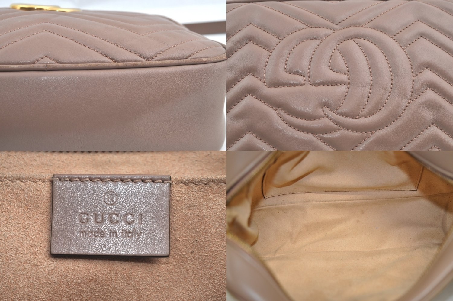 Auth GUCCI GG Marmont Chain Shoulder Cross Body Bag Leather 447632 Beige AA174